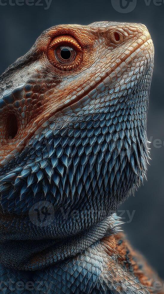 Detailed close-up of a bearded dragon showcasing intricate textures and vibrant colors in a calm setting photo