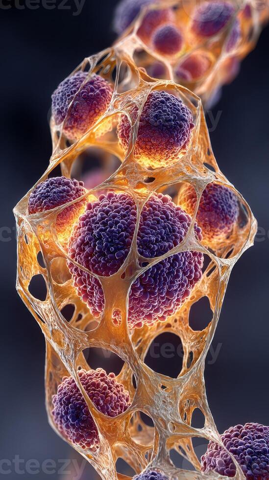 Colorful cellular structure showcasing vibrant spheres in a microscopic view with intricate patterns photo