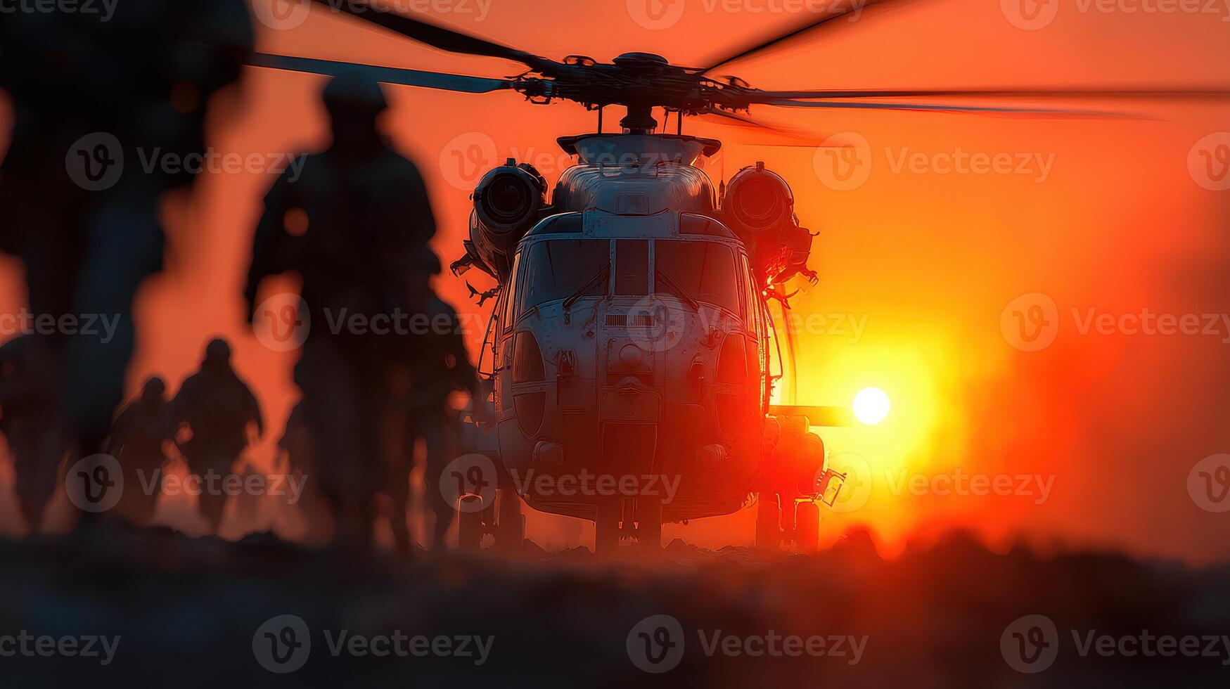Soldiers approach helicopter during sunset highlighting military operations in a desert location photo