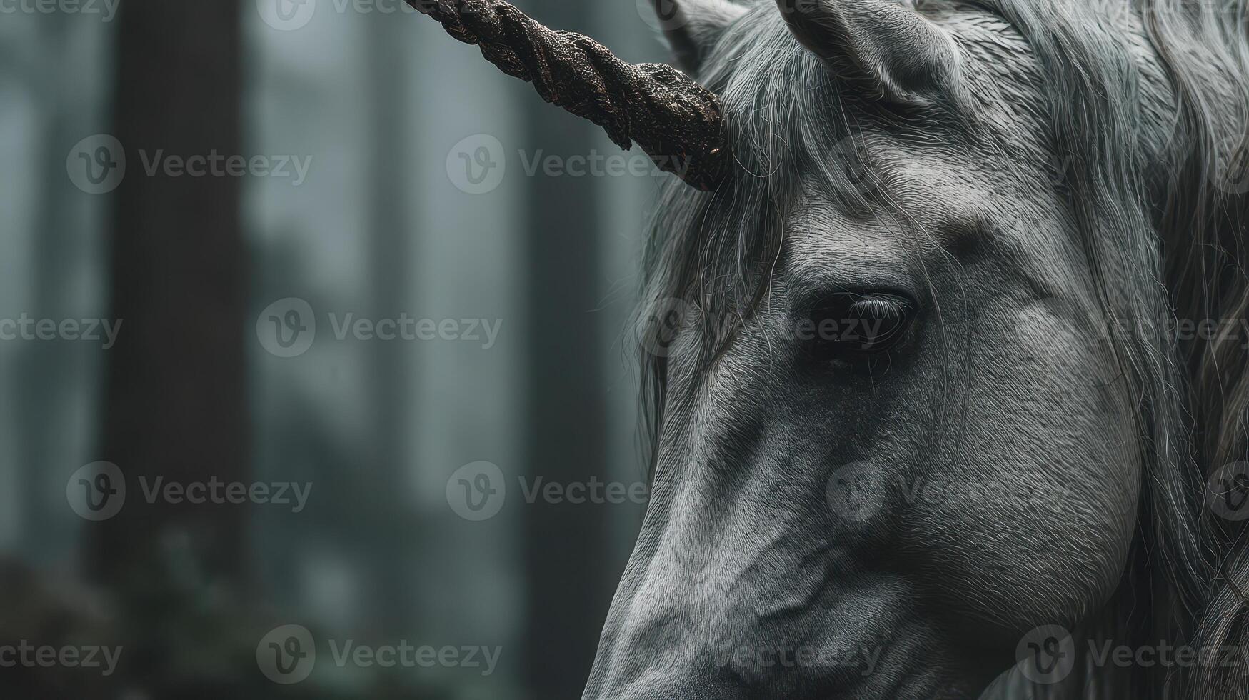 Majestic unicorn standing in a misty forest surrounded by tall trees during early morning light photo