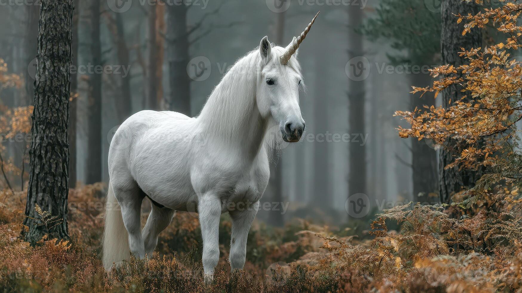 Majestic white unicorn standing in a misty forest surrounded by autumn foliage photo