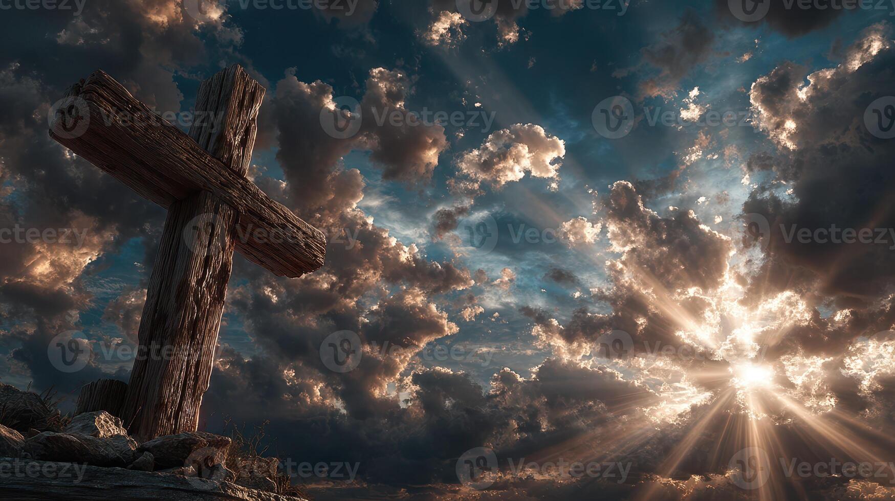 Wooden cross stands tall beneath dramatic clouds and rays of sunlight at twilight photo