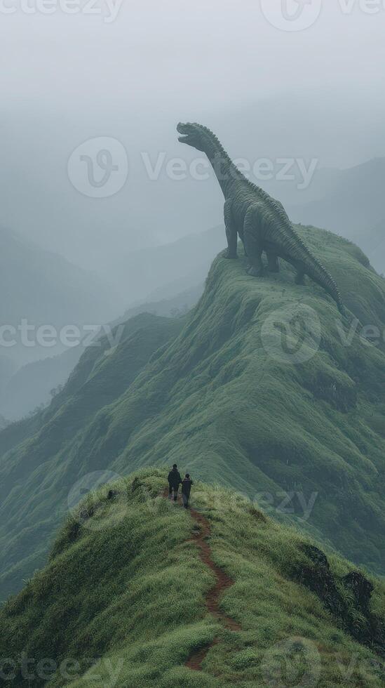 Dinosaur statue overlooks hikers on misty mountain trail during early morning photo