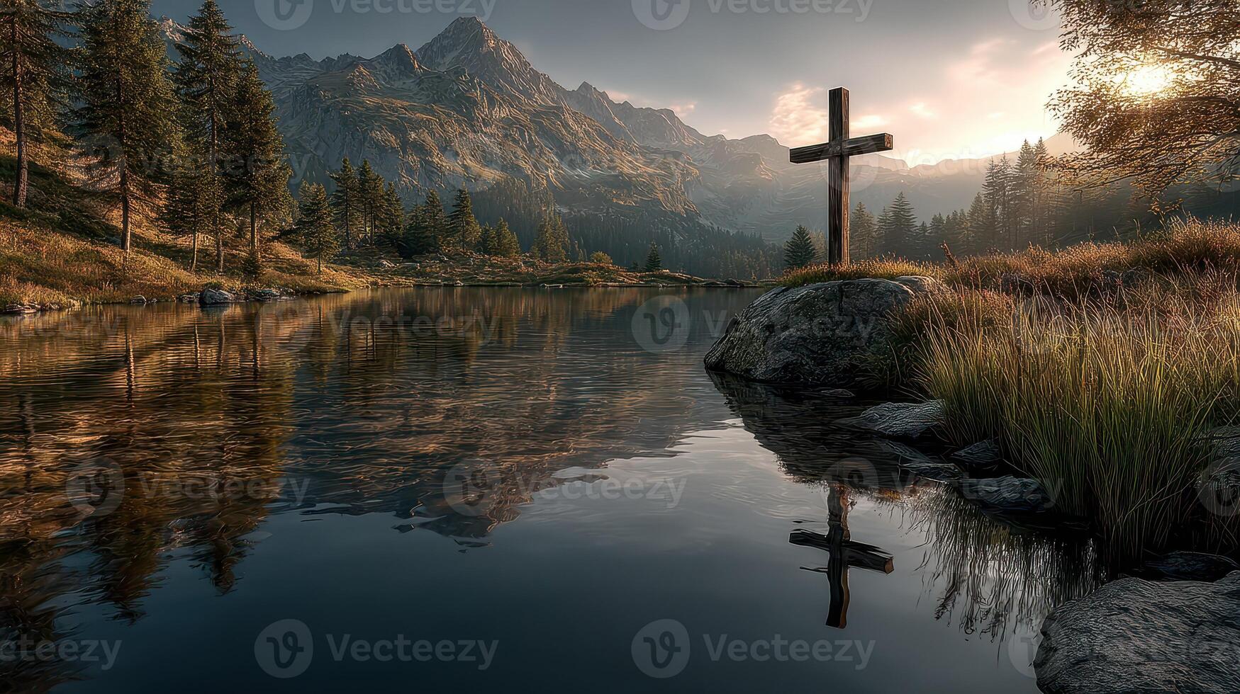 Reflections of nature at sunset near a serene lake with mountains and a wooden cross photo
