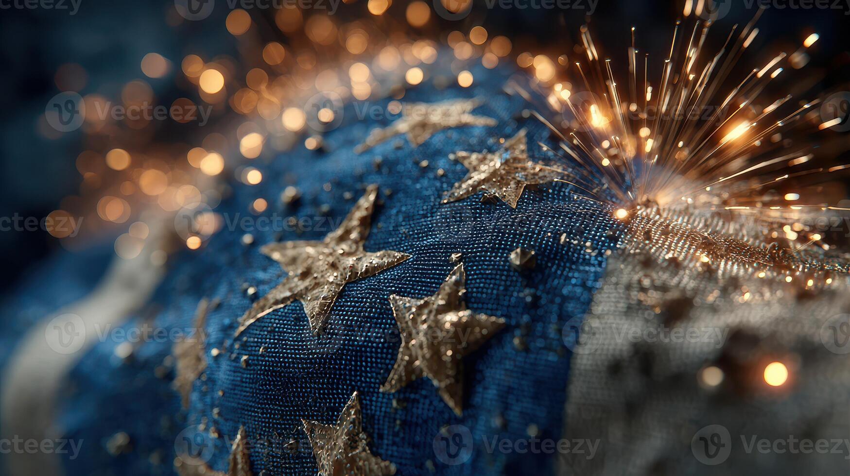 Sparkling celebration of patriotism with blue fabric and golden stars during a festive event photo