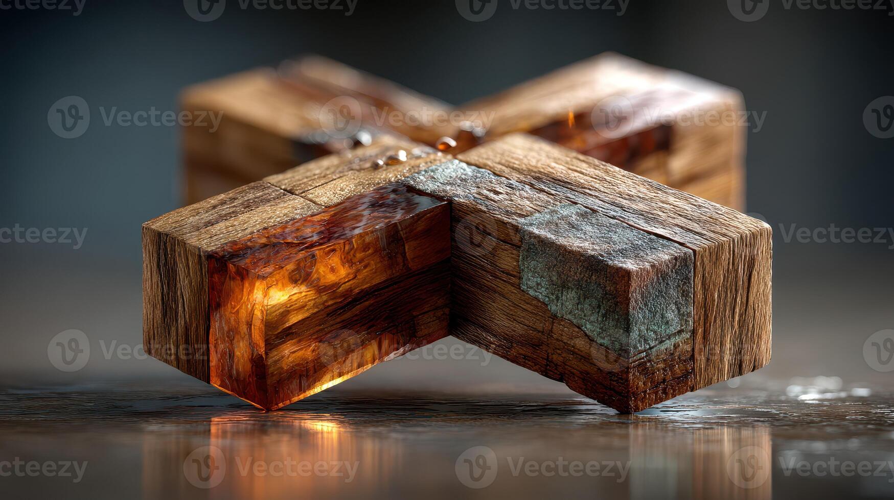 Wood and resin cross sculpture with a blend of textures and warm lighting on a reflective surface photo