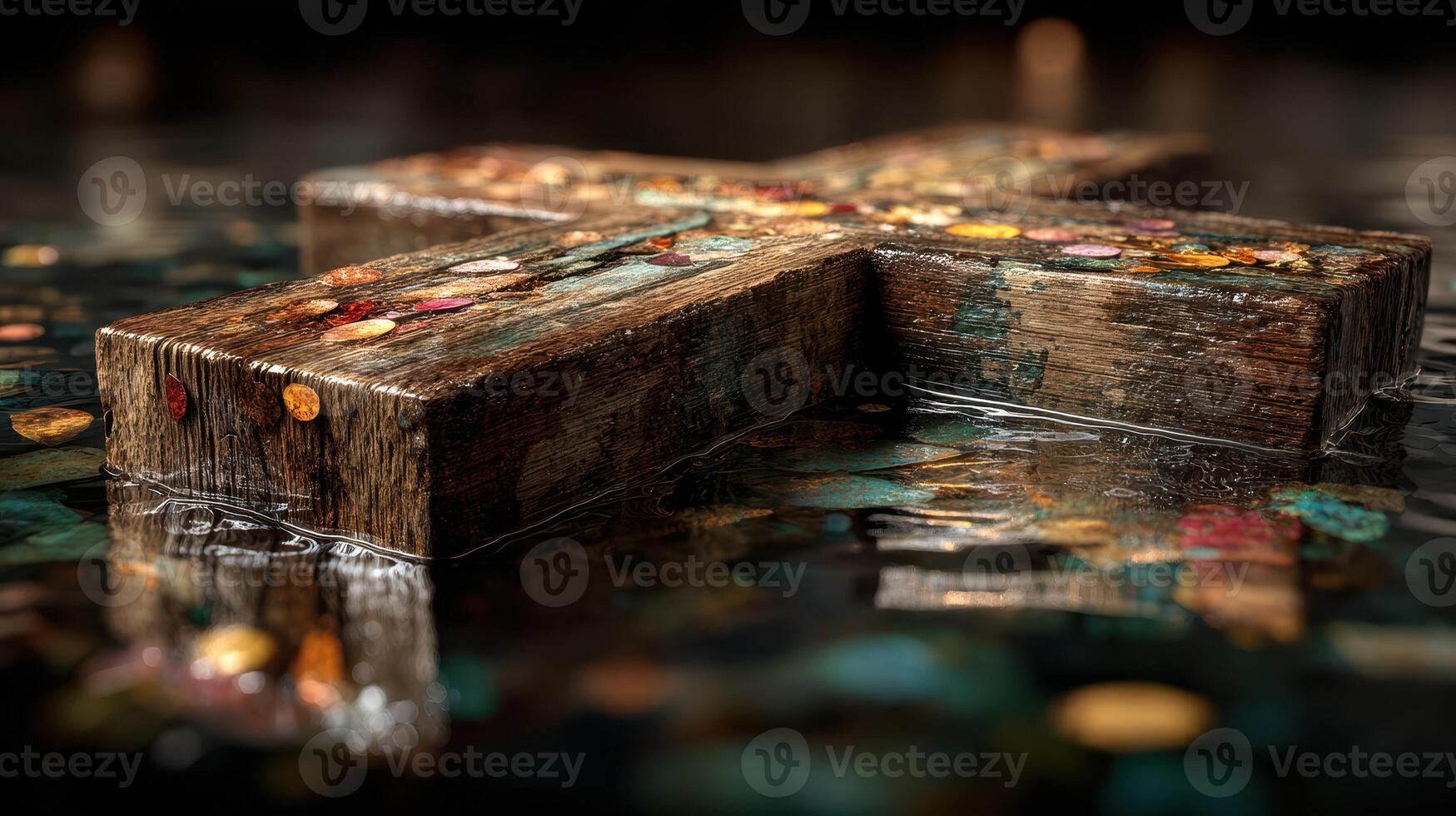 Wooden cross floating in water surrounded by coins under soft ambient light photo