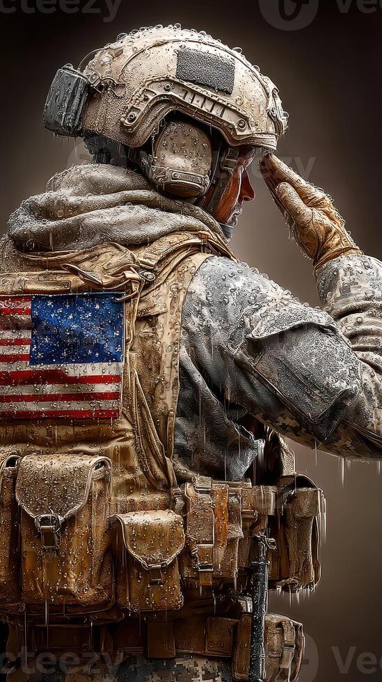 Soldier saluting in the rain with U.S. flag as a symbol of honor and dedication during a mission photo
