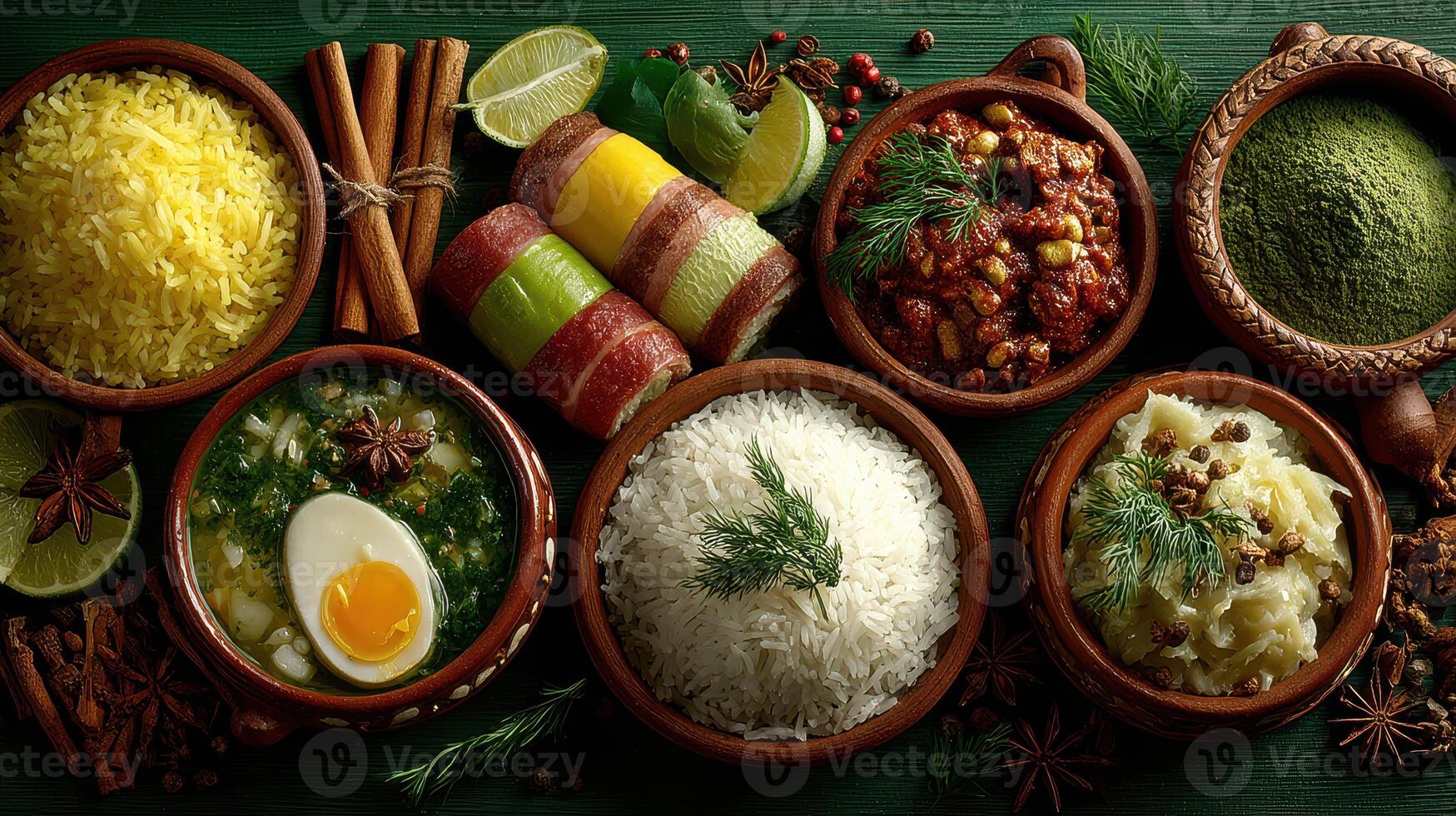Colorful spread of traditional dishes featuring rice, curries, and snacks on a green surface photo