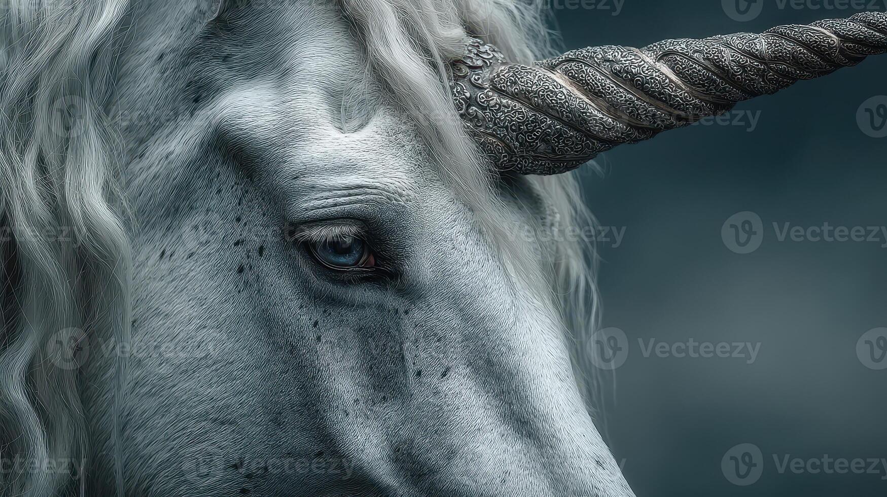 Majestic unicorn with intricate horn details stands in a mystical, foggy environment during twilight hours photo