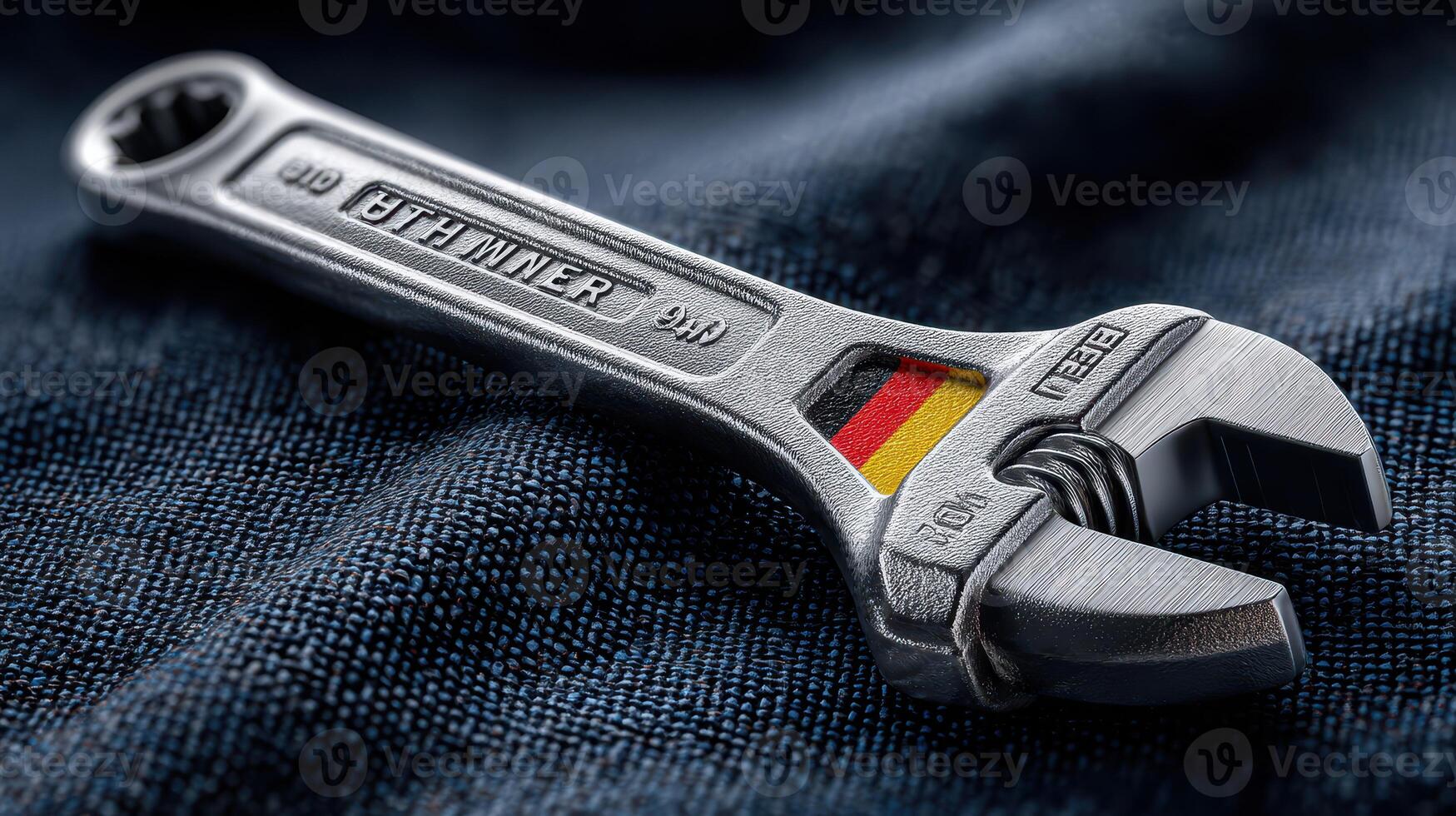 Adjustable wrench resting on textured fabric in a workshop setting showcasing its precision and craftsmanship details photo