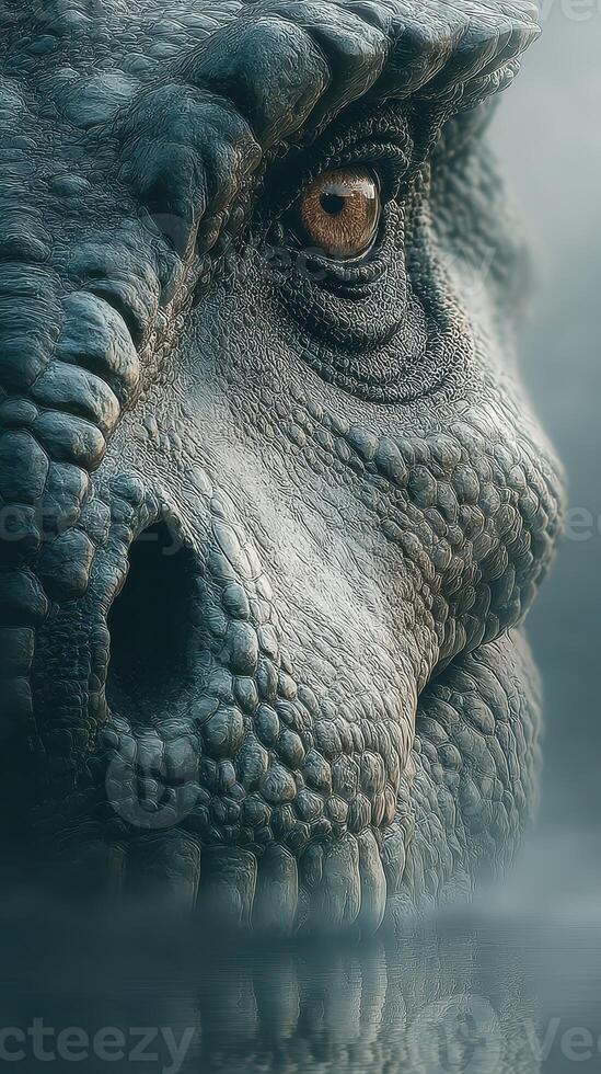 Majestic dinosaur close-up featuring textured skin and piercing gaze in a misty environment photo