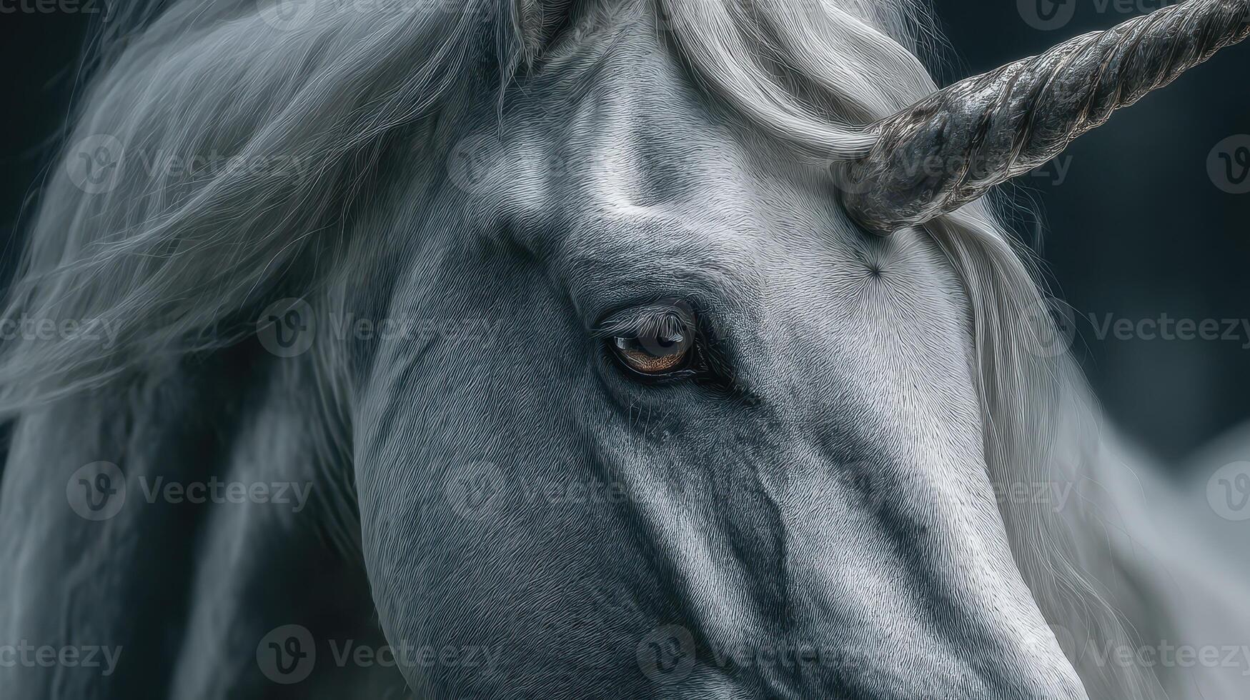 Majestic unicorn with flowing mane in a mystical forest setting during twilight hours photo