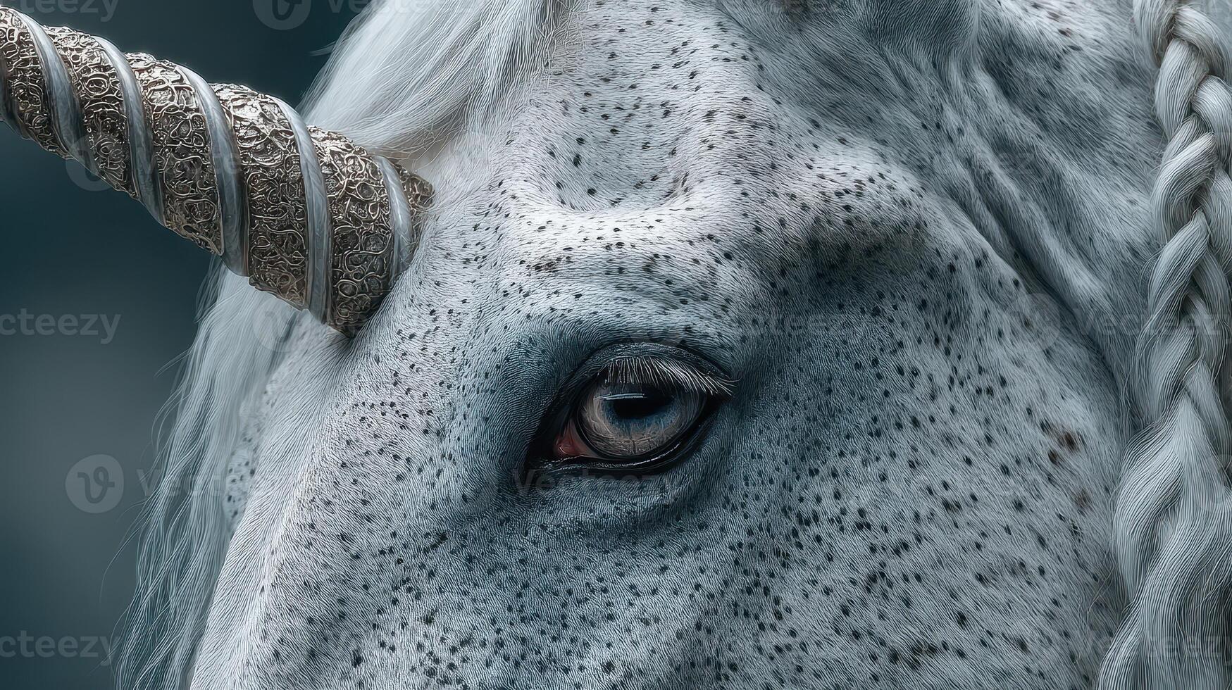 Majestic unicorn with intricate horn detail and expressive eyes observed in a mystical forest setting during twilight photo