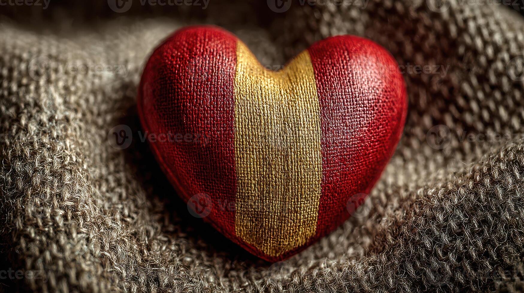 Decorative red heart with golden stripe resting on textured fabric photo