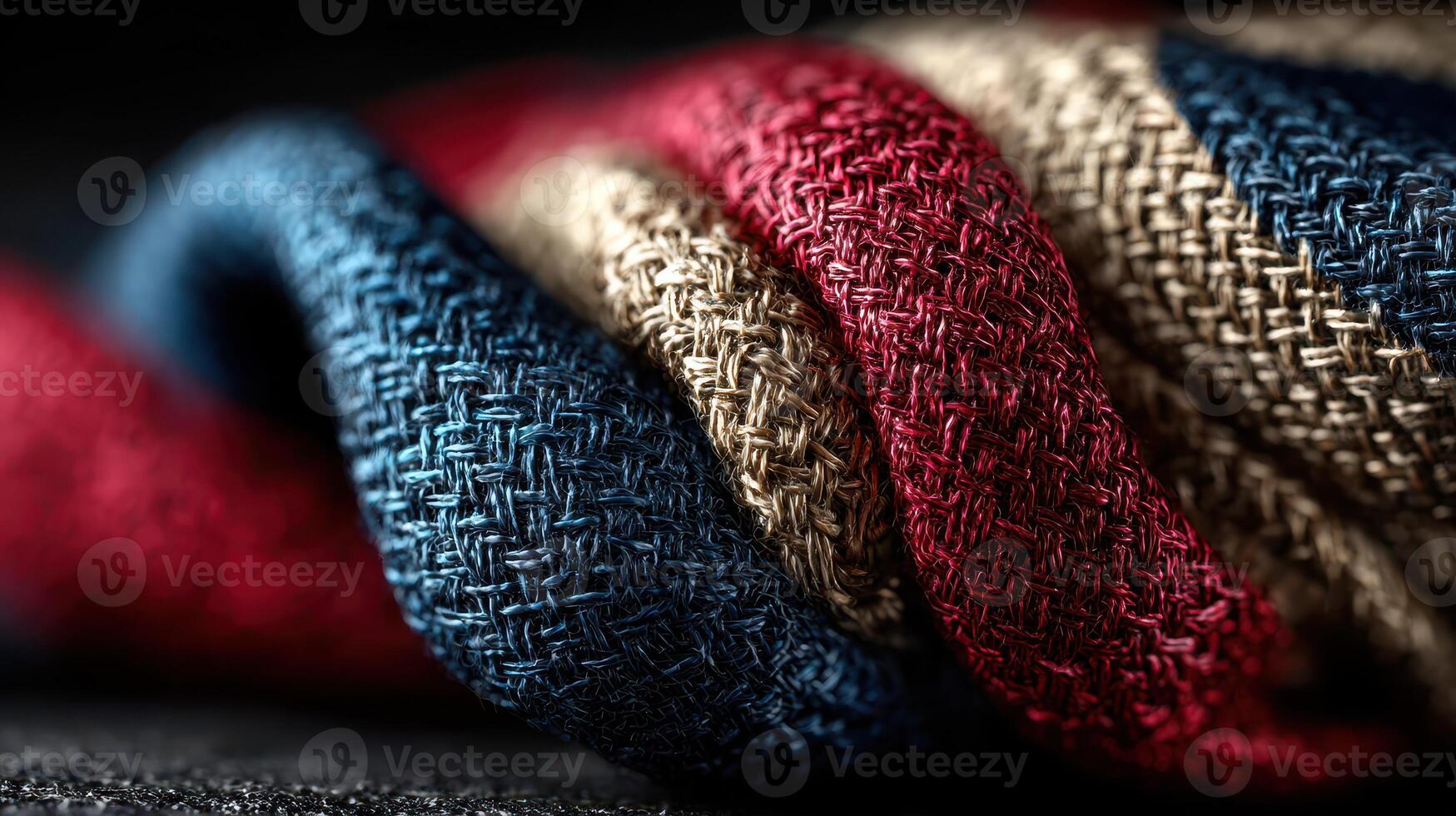 Textured fabric display showcasing vibrant red, blue, and beige patterns in close-up under soft lighting photo