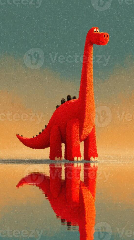 Bright red dinosaur stands on calm water during sunset with vibrant reflections and a colorful sky photo