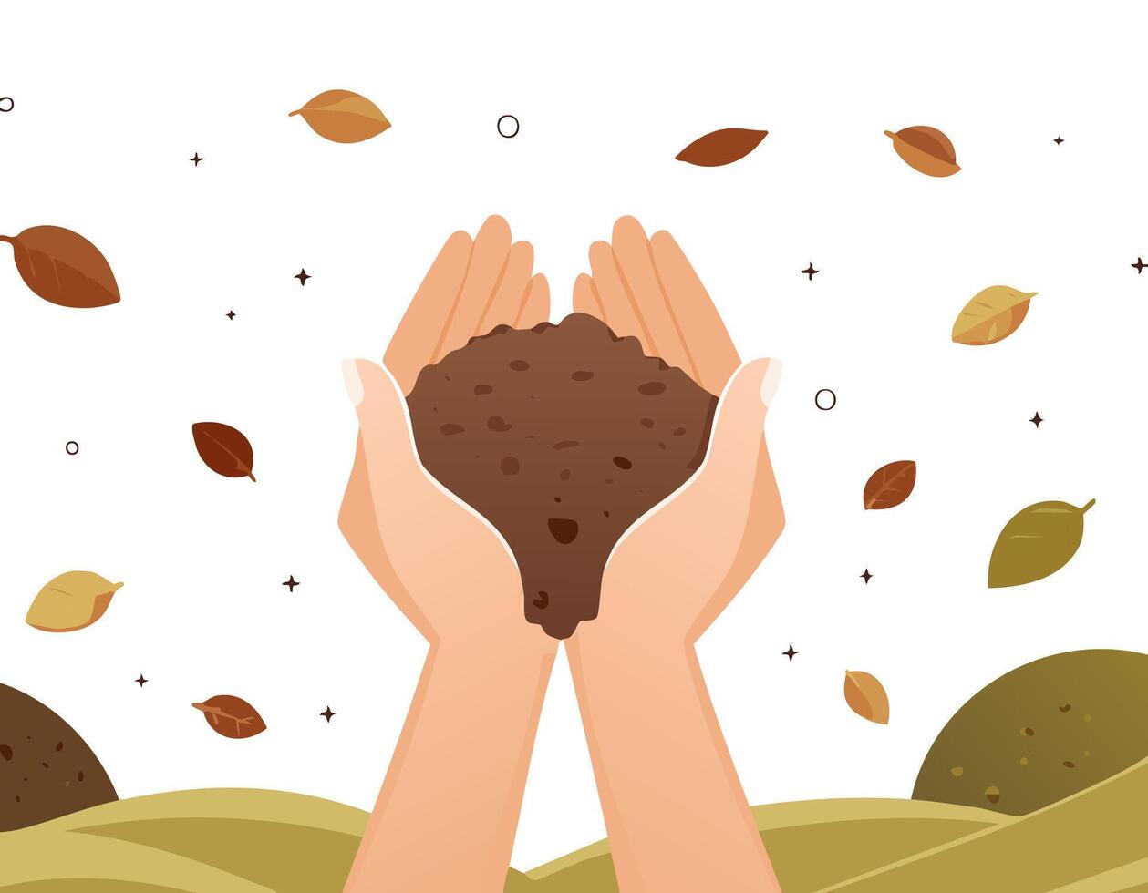 A pair of hands cupping soil in a heart-like shape. A minimalist concept that conveys love, nature protection, and environmental support. vector