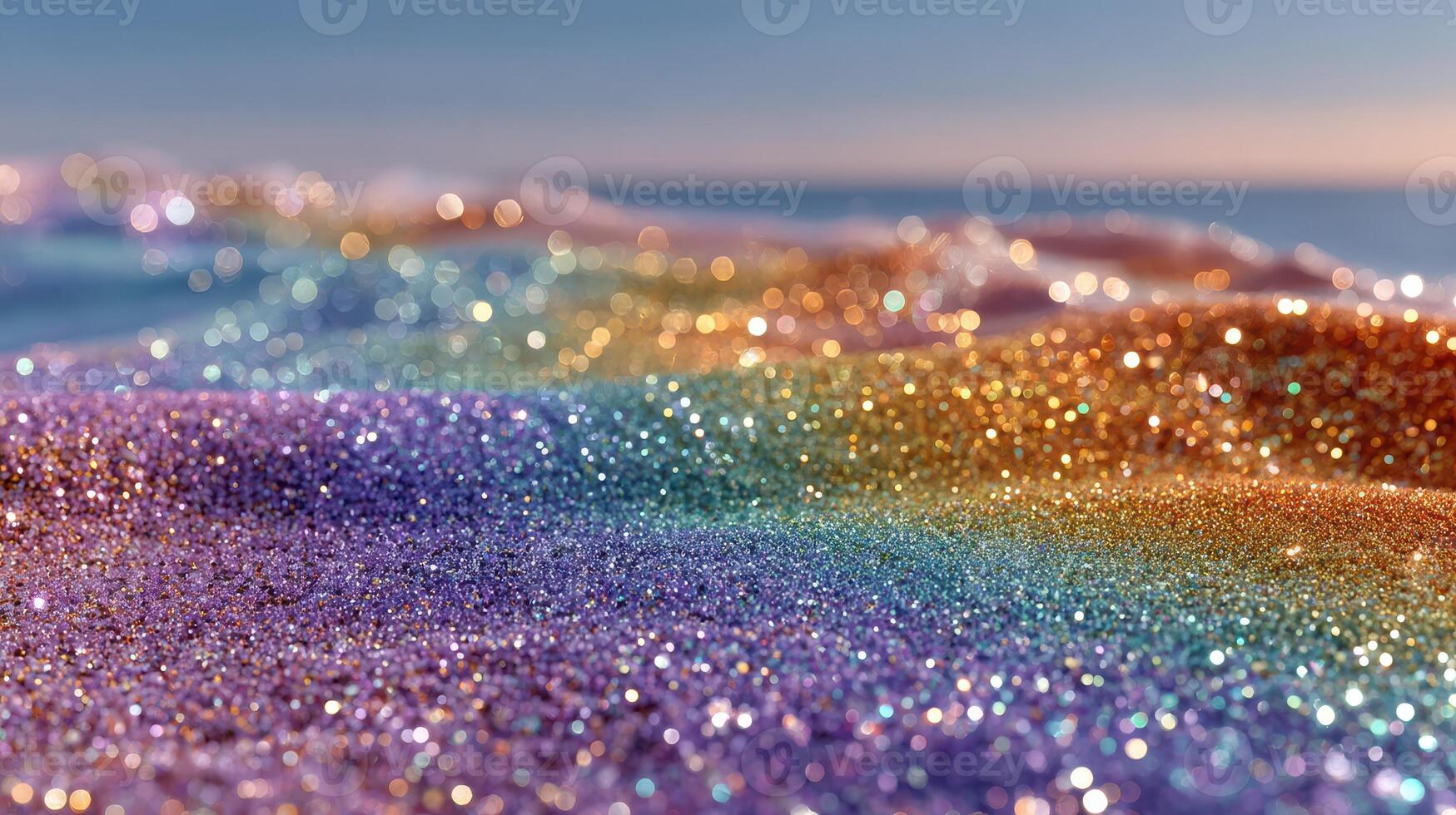 Colorful glitter spread over a soft surface at sunset by the ocean shore with shimmering details photo
