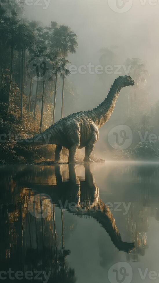 Dinosaur stands majestically by a misty lake in a lush prehistoric landscape during early morning hours photo