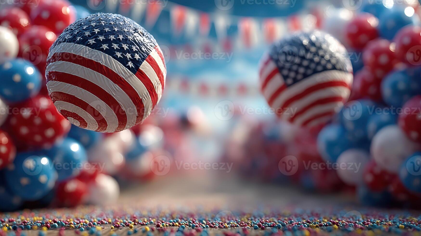 Decorative elements featuring red, white, and blue balloons during a festive celebration photo