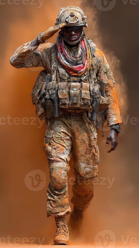Soldier saluting in a dusty environment during a training exercise in a desert setting photo