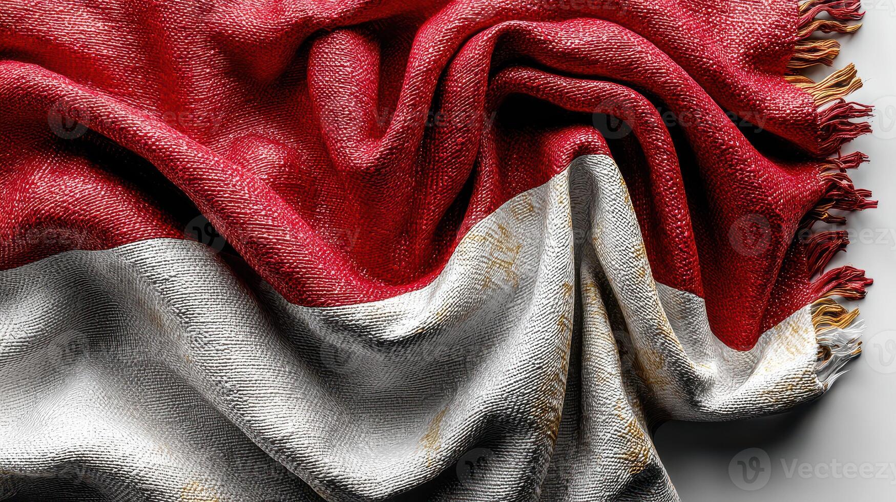 Close-up view of a textured Indonesian flag displaying red and white colors with soft fringes creating a cozy atmosphere photo