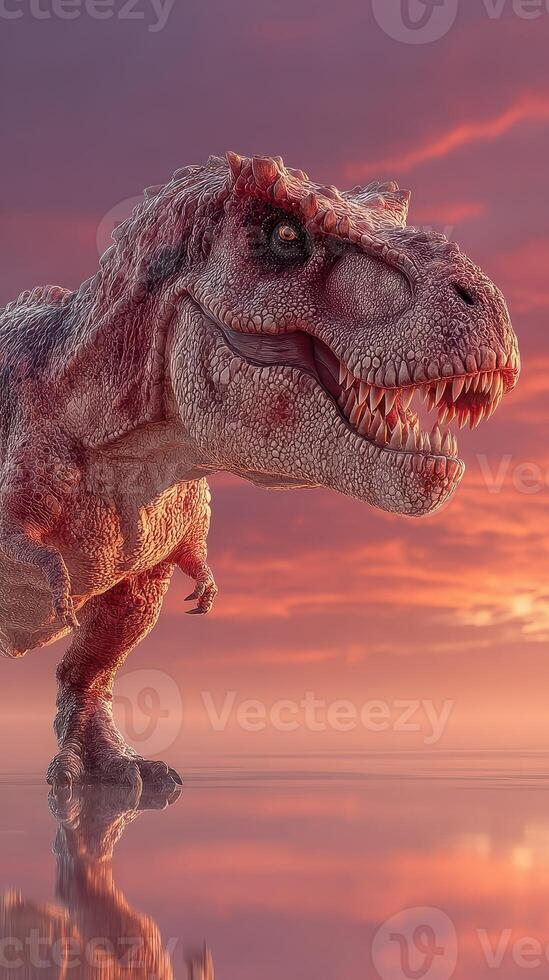 Dinosaur stands majestically against a vibrant sunset reflecting on calm waters photo