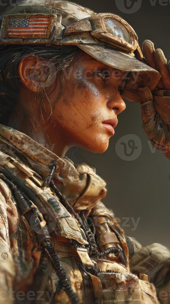 Soldier salutes while wearing military uniform in a dusty environment during a training exercise photo