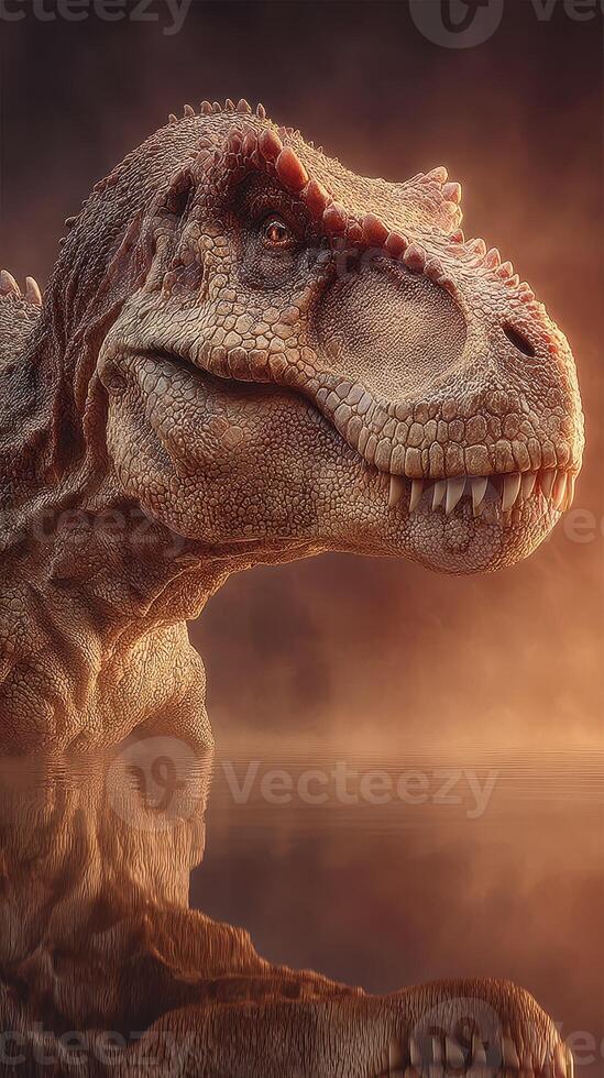 Dinosaur emerges from misty waters at dawn, showcasing magnificent features and powerful presence photo