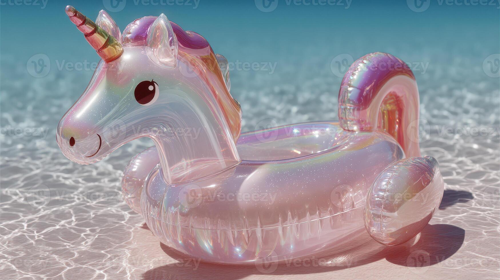 Bright unicorn float rests on sandy beach under clear blue sky with sparkling water during sunny summer day photo