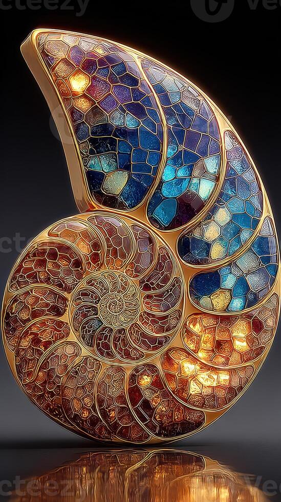 Beautifully crafted decorative nautilus shell sculpture illuminated with vibrant colors in intricate detail photo