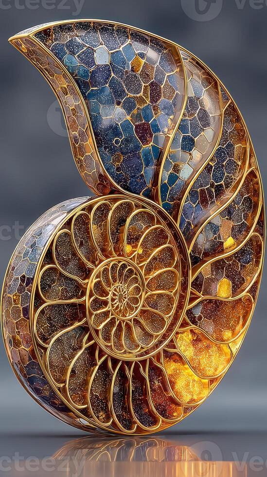 Intricate golden nautilus shell sculpture showcasing sparkling glass details illuminated by soft light photo