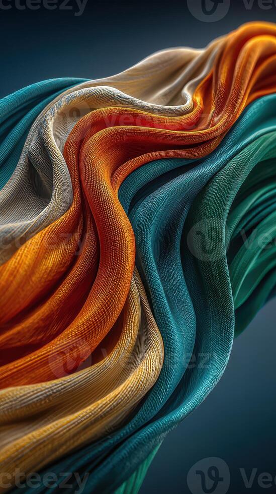 Colorful fabric waves displaying vibrant hues of orange, white, and green against a dark backdrop in a close-up view photo