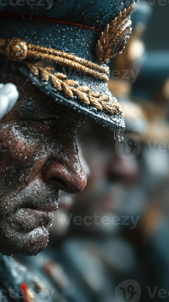 Ceremonial military officers stand in formation during a rainy parade in a city square, displaying solemn expressions and honor photo