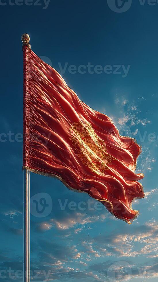 Vibrant flag waving gracefully against a clear blue sky during a sunny day in an open area photo