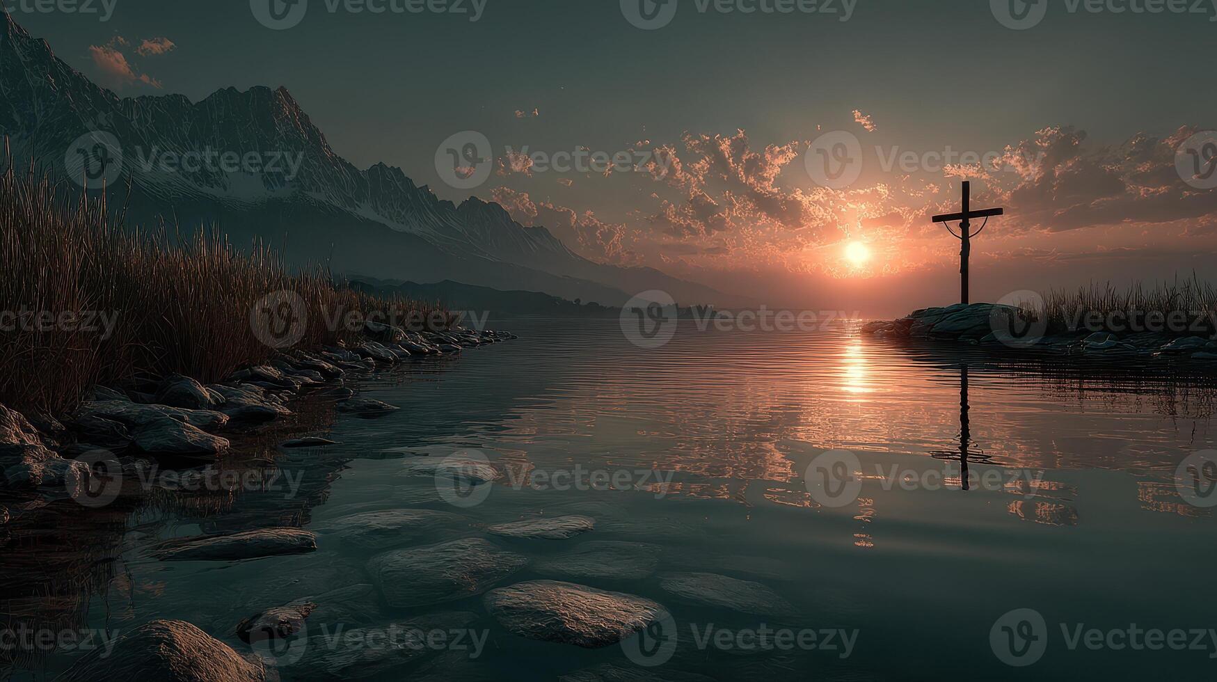 Serene sunset over a tranquil lake with mountain backdrop and wooden cross photo