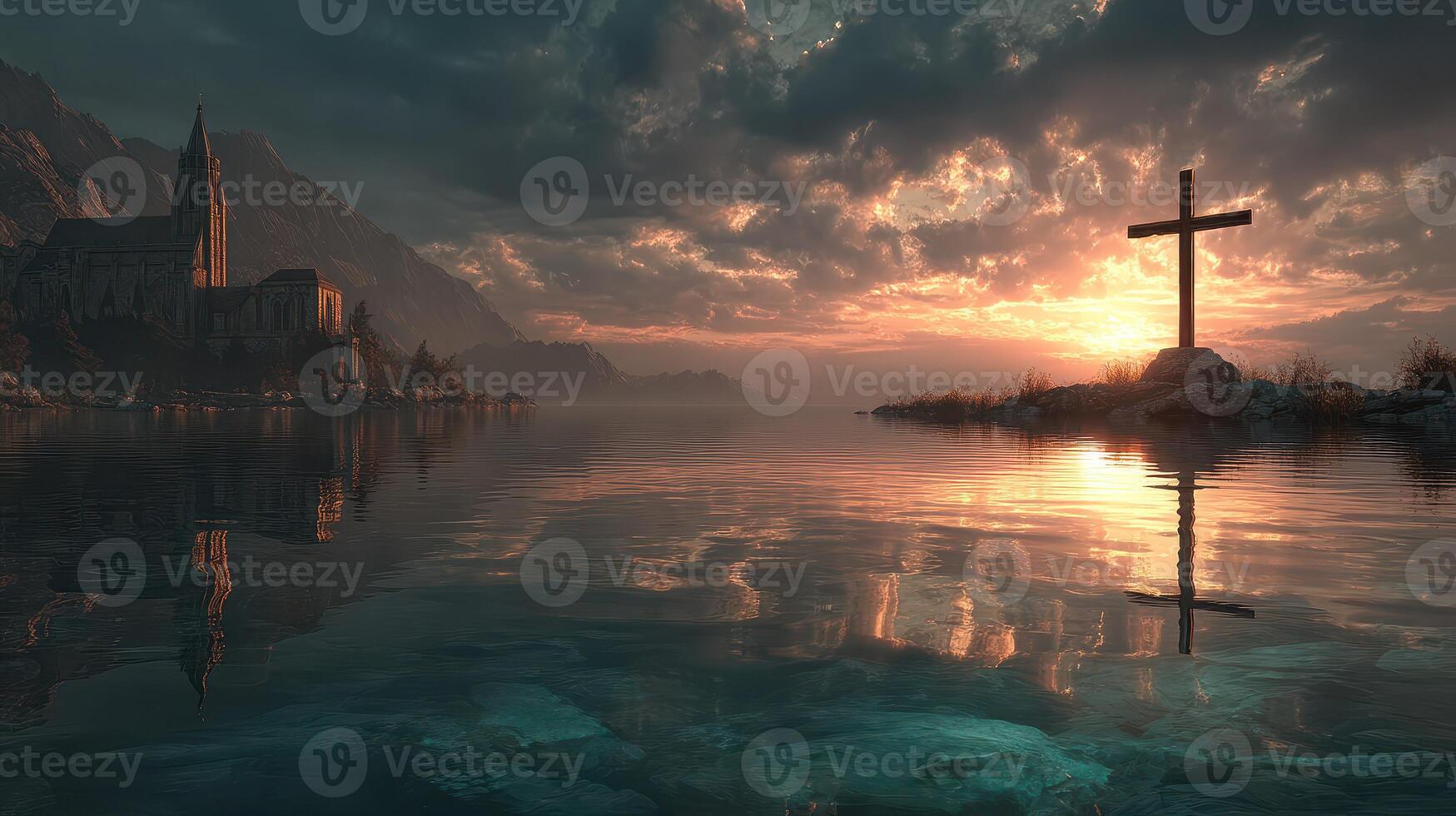 Sunset reflection over lake featuring a cross and an ancient church in a serene landscape photo