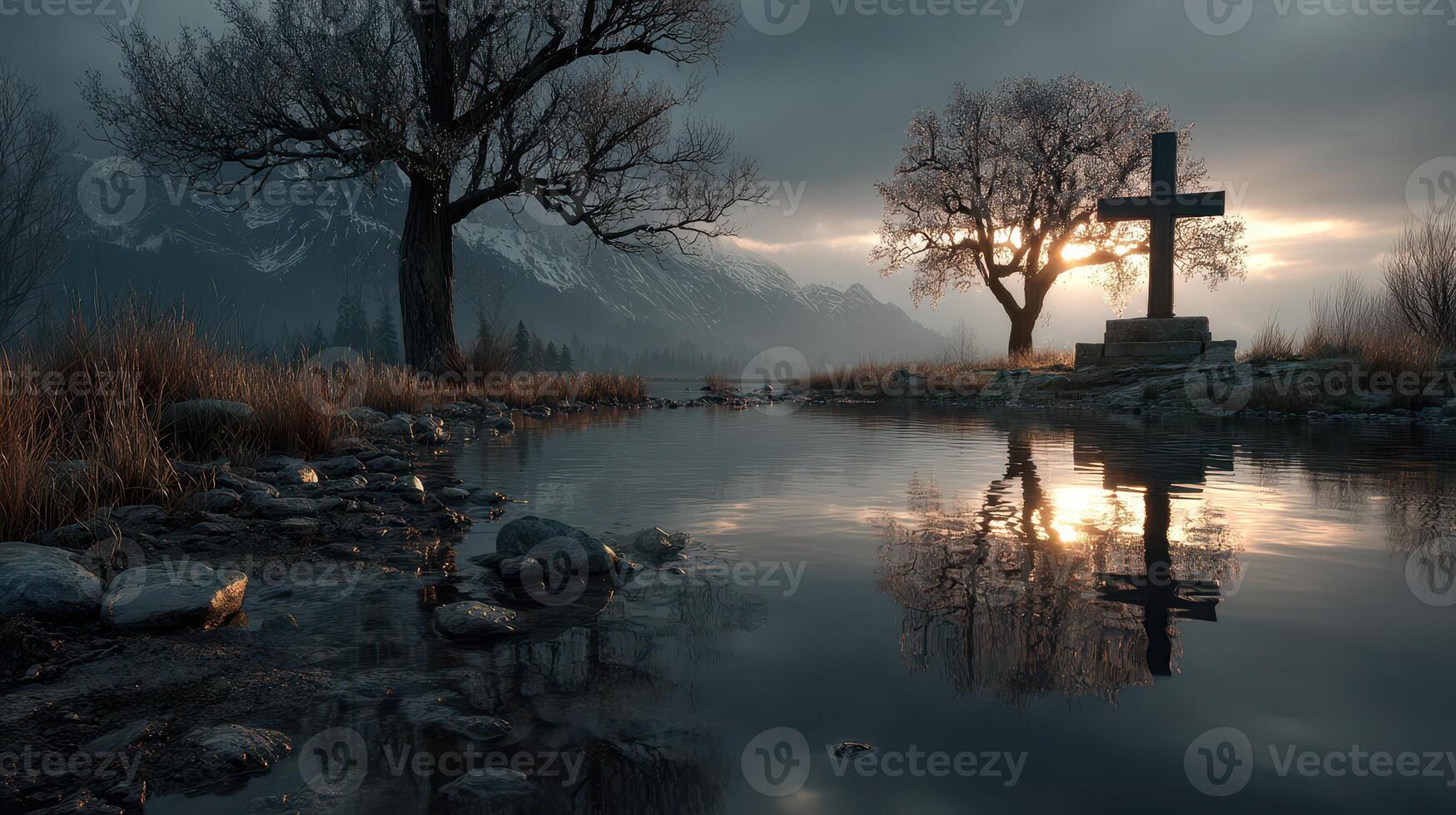 Serene landscape with cross by the water at sunset in a mountainous region photo
