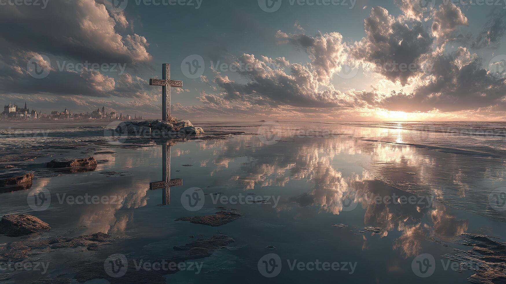 Sunset reflection at the beach with a cross and a city skyline in the distance photo