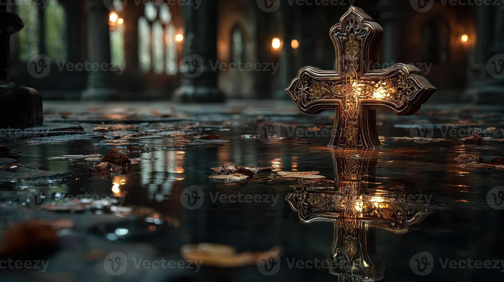 Intricate cross illuminated by warm light in a mysterious, abandoned location embellished with fallen leaves photo