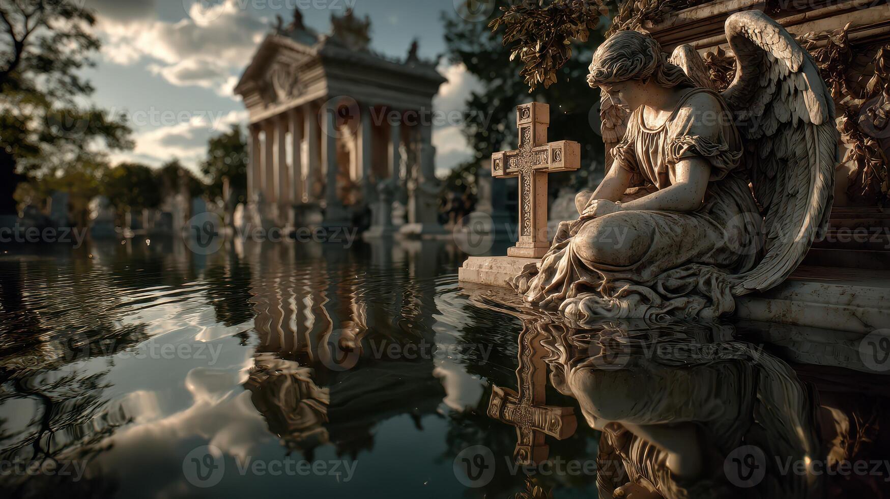 Angelic statue beside tranquil water reflects historical architecture at sunset in a serene cemetery photo