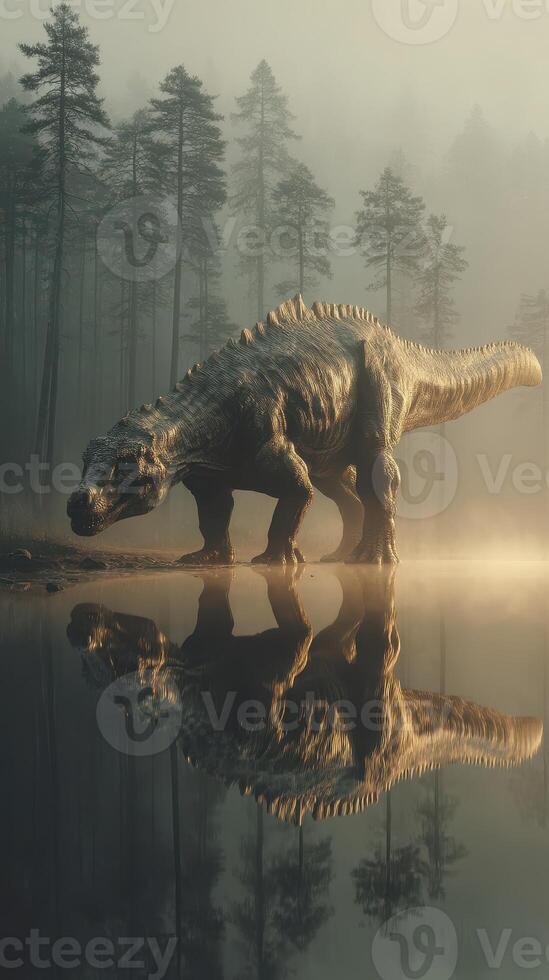 Majestic dinosaur wandering near a tranquil lake in early morning mist among towering trees photo
