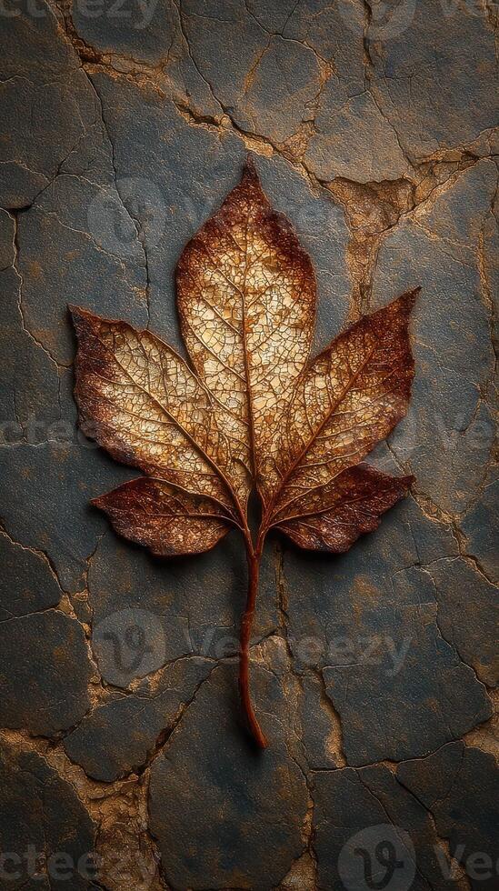 Autumn leaf resting on cracked surface highlights the beauty of nature's decay and intricate details of the foliage photo