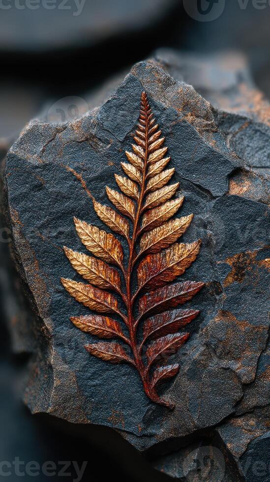 Intricate golden fern leaves displayed against a textured dark stone background with natural variations photo