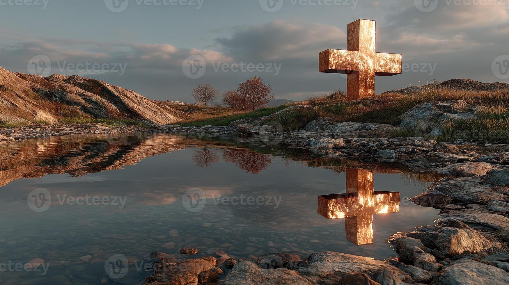 Glowing cross reflection in serene landscape during golden hour at a tranquil outdoor setting photo
