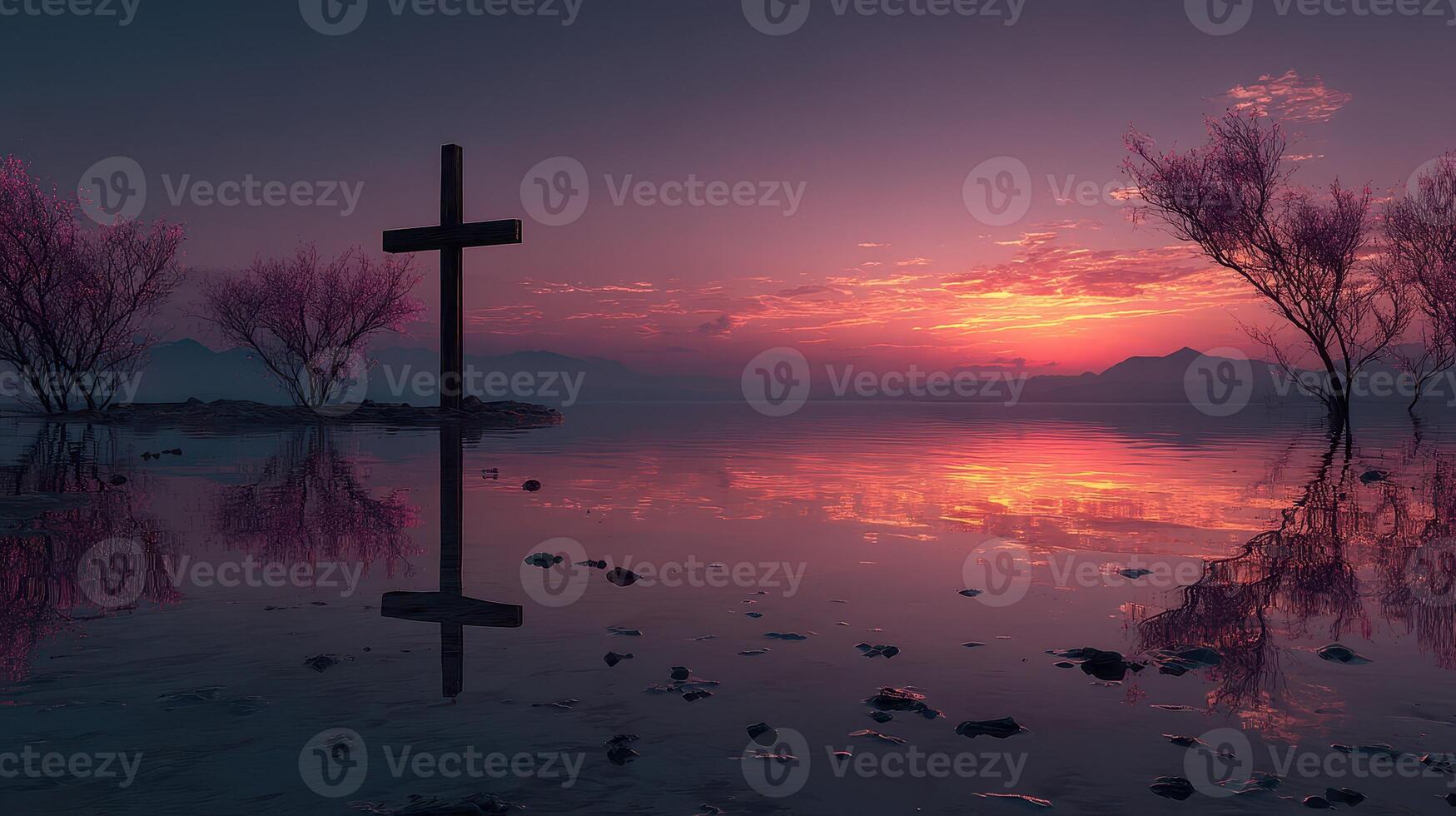 Beautiful sunset reflecting over a serene lake with a cross and silhouettes of trees on the shore photo