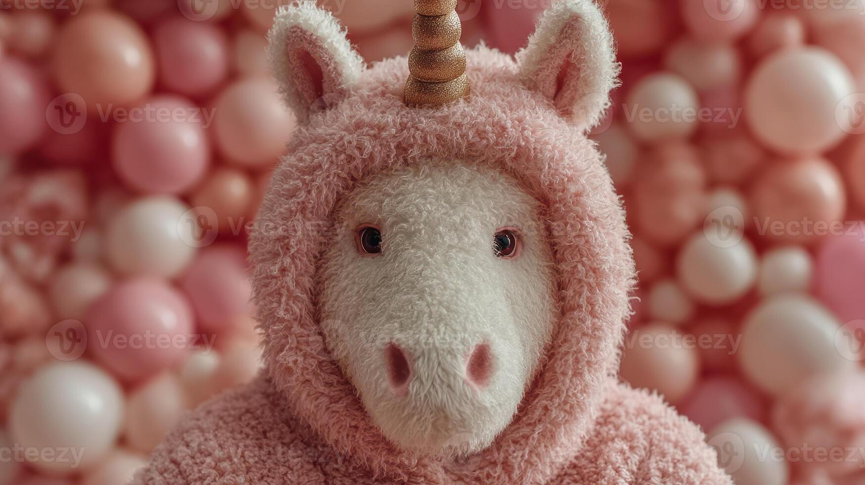 Cute unicorn plush toy dressed in pink hoodie against a colorful backdrop of pastel balls photo