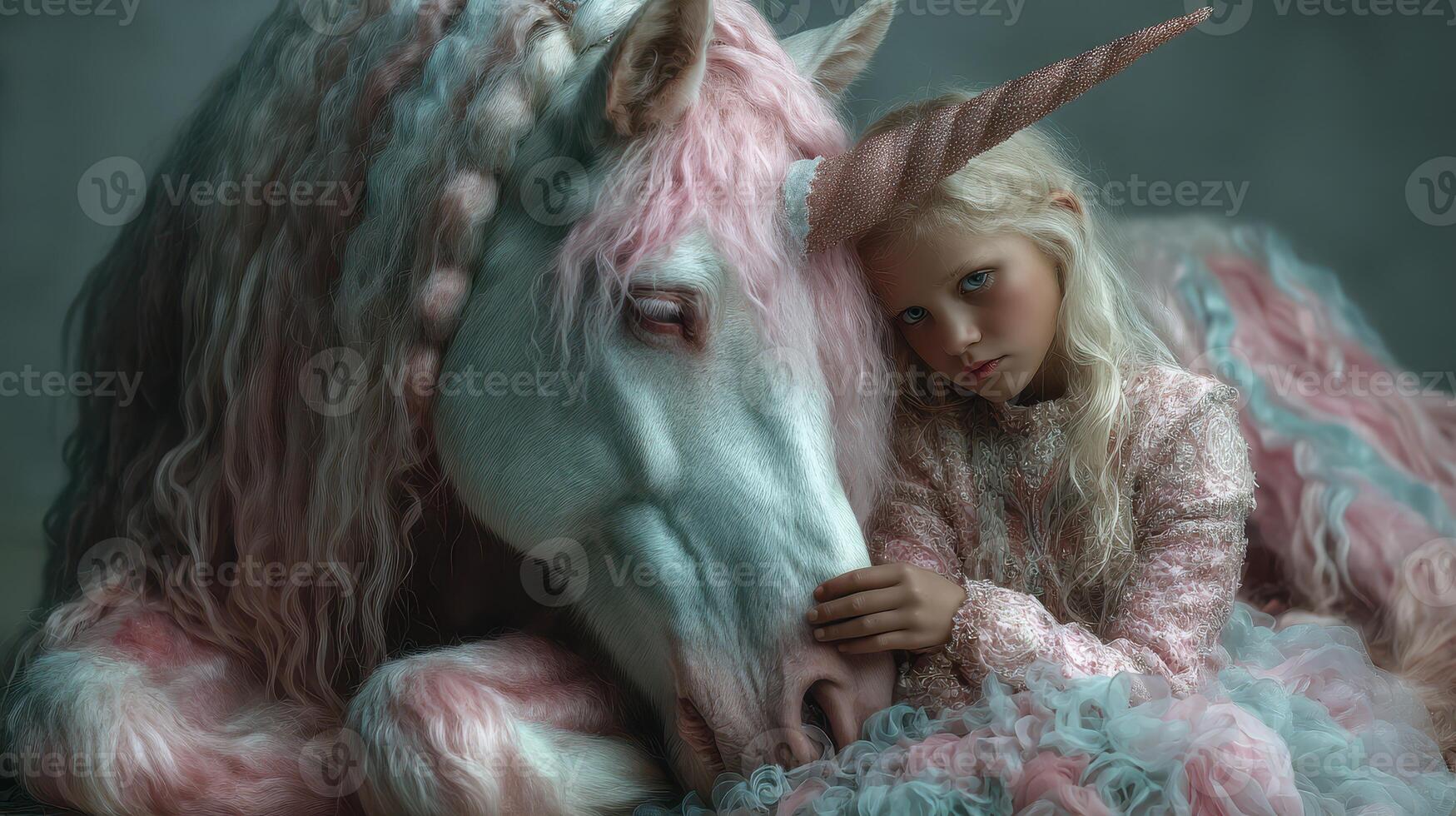Young girl embraces a magical unicorn in a whimsical setting with pastel tones during a serene moment photo