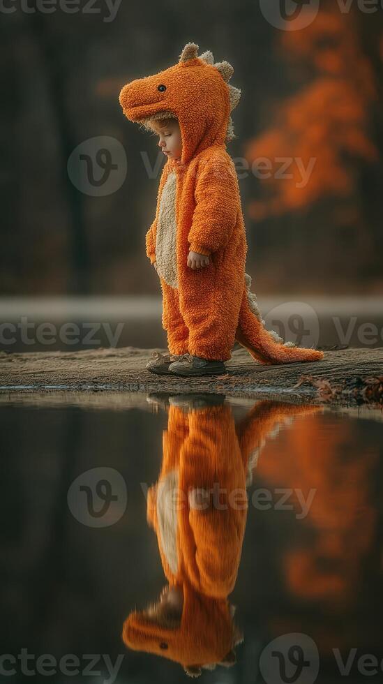 Cute child in orange dinosaur costume playing by the water during autumn in a serene park setting photo